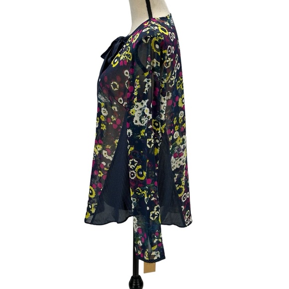 Rachel Rachel Roy Long Sleeve Floral Print Tie V-Neck Sheer Blouse - Blue - 10 - Picture 4 of 9